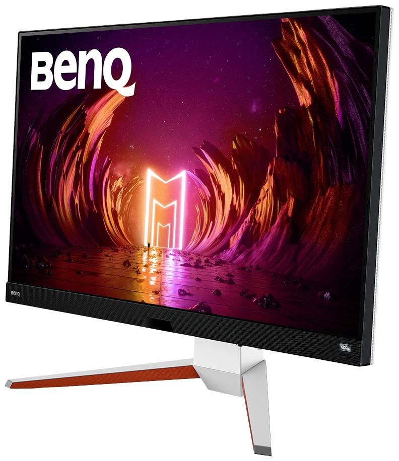 Ein BenQ-Monitor mit farbenfrohem, futuristischem Hintergrund und neonfarbenem 'M' in der Mitte; steht auf einem weißen Standfuß.