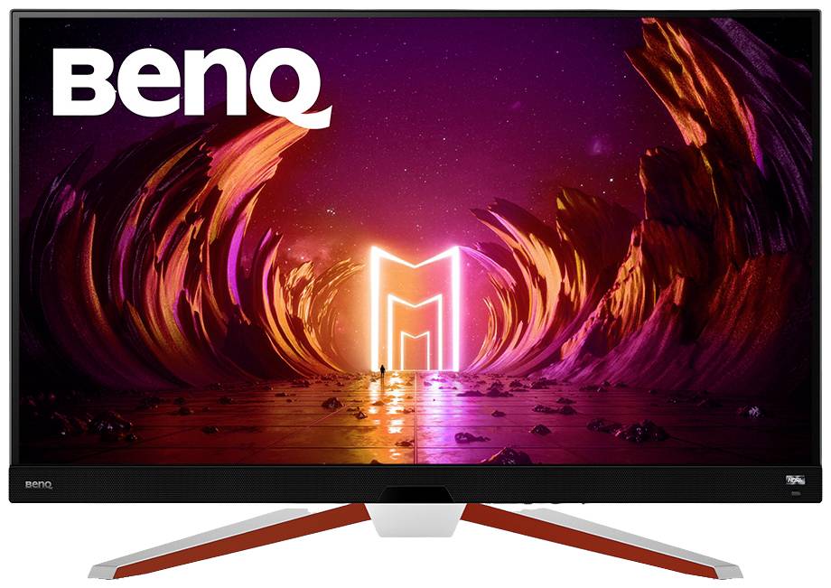 Ein BenQ-Monitor zeigt eine futuristische, leuchtend rote und violette Landschaft mit einem leuchtenden M in der Mitte.