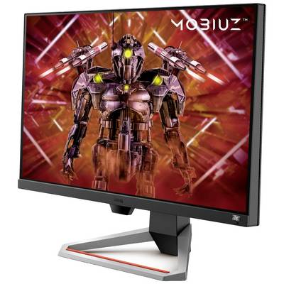 Ein Gaming-Monitor zeigt ein futuristisches Roboter-Design mit leuchtenden Akzenten vor einem neonroten Hintergrund.