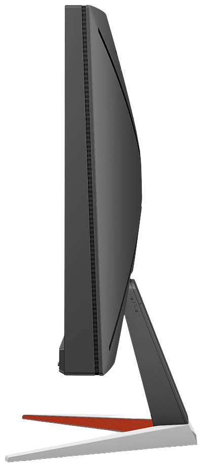 Ein seitlich dargestellter schwarzer Computerbildschirm mit gebogenem Display, auf einem stabilen Ständer, zeigt ein modernes Design.