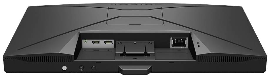 Rückseite eines Computermonitors mit HDMI-, VGA- und Stromanschluss sowie einem VESA-Halterungsbereich in der Mitte.