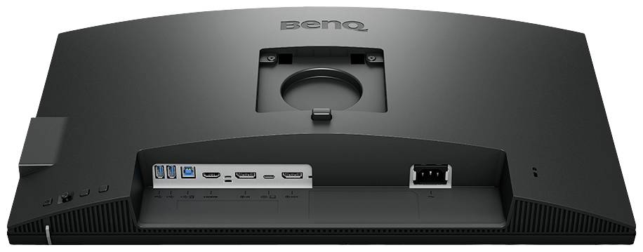 Die Rückseite eines BenQ-Monitors zeigt verschiedene Anschlüsse, darunter HDMI- und USB-Ports sowie den Stromanschluss.