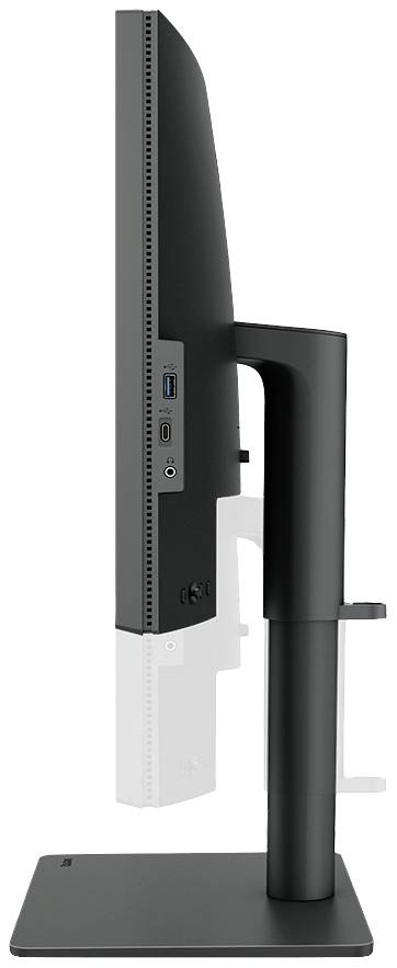 Seitliche Ansicht eines Computerbildschirms mit schlankem Design und mehreren Anschlüssen.