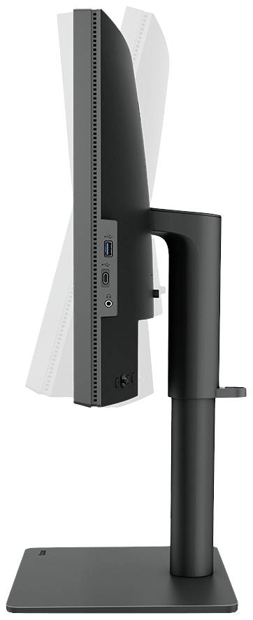 Seitenansicht eines schwarzen Computerbildschirms mit verstellbarem Standfuß und sichtbaren Anschlüssen an der Seite.