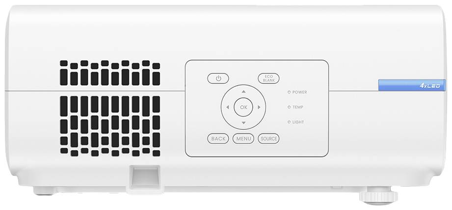 Ein weißer Projektor von vorne. Sichtbar sind Lüftungsschlitze und ein Bedienfeld mit mehreren Tasten für Einstellungen.