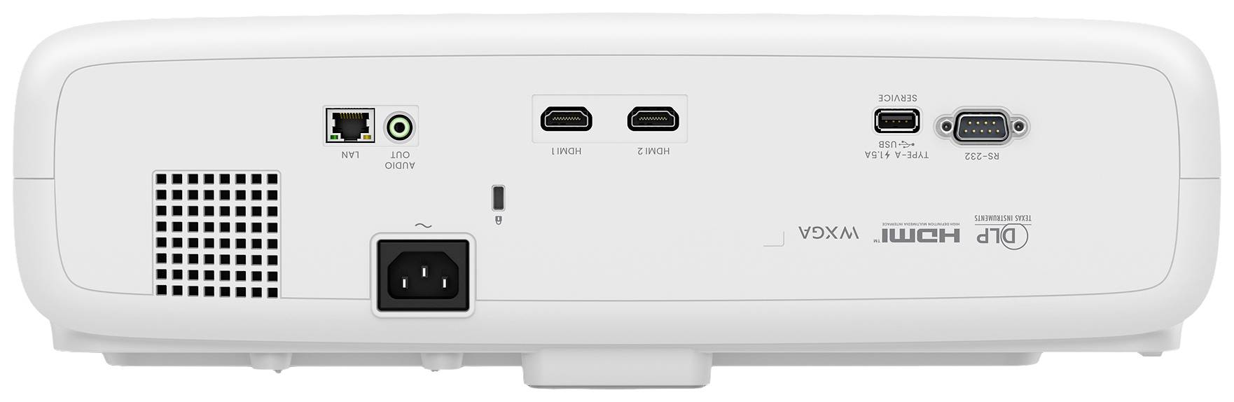 Rückseite eines Projektors mit Anschlüssen: HDMI, USB, LAN, Audio, und Stromanschluss. Diese Anschlüsse ermöglichen vielseitige Verbindungen.