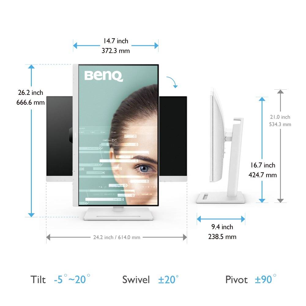 BenQ-Monitor mit Pivot-, Neigungs- und Drehfunktion dargestellt. Maße in Zoll und mm angezeigt. Ideal für flexible Arbeitsplatzanforderungen.