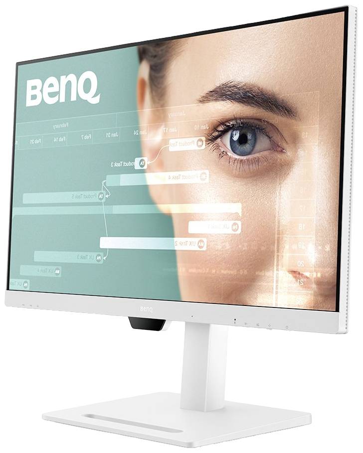 Ein Monitor zeigt eine Projektmanagement-Software mit Gantt-Diagramm auf dem Bildschirm und das Logo 'BenQ' in der Ecke.