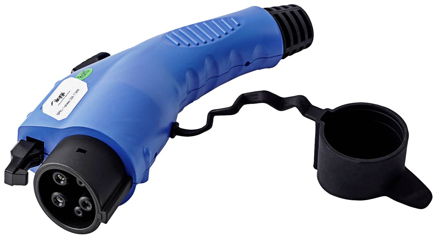 Blauer elektrischer Ladestecker mit schwarzer Schutzkappe, geeignet für Elektrofahrzeuge.