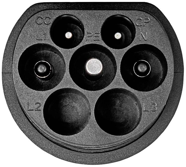 'Typ 2 Stecker für Elektroautos mit sieben Kontakten, oben CC und CP, Mitte PE, unten L1, L2, L3, und N. Schwarz, kreisförmig.'