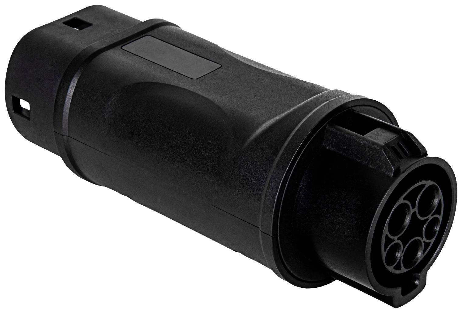 Ein schwarzer Adapterstecker für Elektrofahrzeuge, Typ 2 auf Typ 1, zum Laden von Elektroautos.