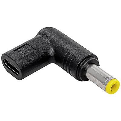 Ein schwarzer Adapter von USB-C auf einen zylindrischen Gleichstromstecker, verwendet für die Stromversorgung von elektronischen Geräten.