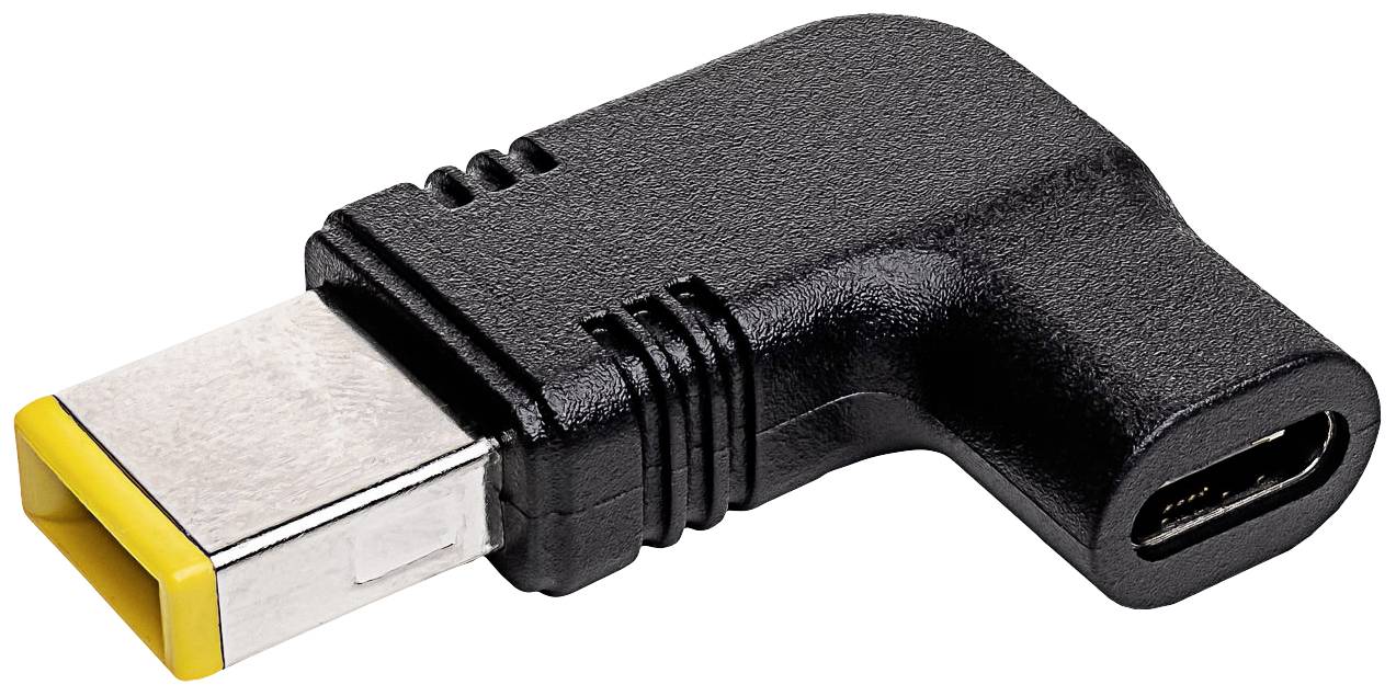 Ein schwarzer Winkeladapter mit USB-C-Anschluss auf der rechten Seite und einem rechteckigen gelben Anschluss auf der linken Seite.