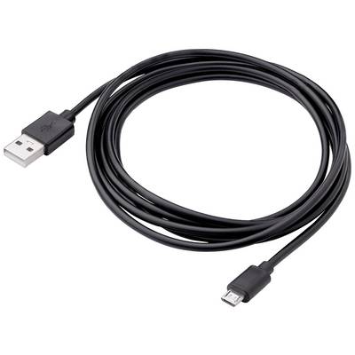 Ein schwarzes USB-Kabel mit USB-A- und Micro-USB-Steckern liegt flach auf weißem Hintergrund.