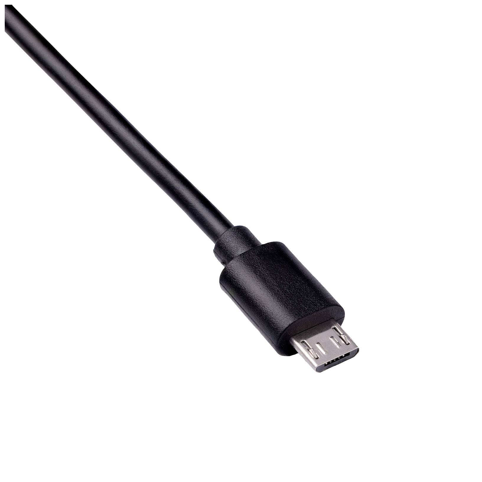 Schwarzes Micro-USB-Kabel mit einem Stecker, der für den Anschluss an elektronische Geräte verwendet wird.