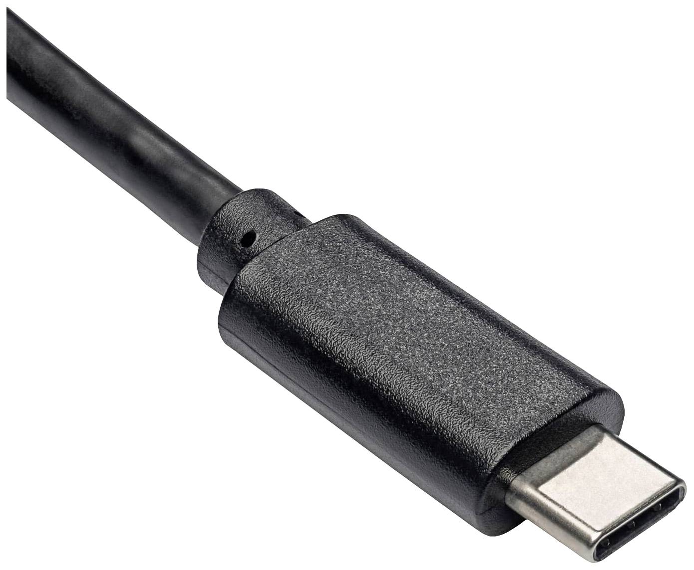 USB-C-Kabel mit schwarzem Plastikgehäuse, geeignet für Datenübertragung und Aufladen, Nahaufnahme.