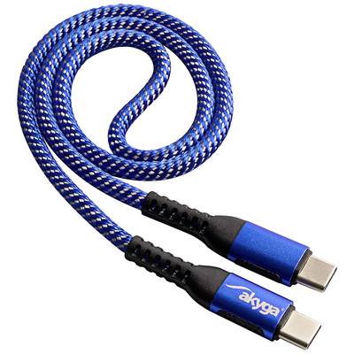 Ein blaues USB-C-Kabel mit geflochtenem Design und zwei gleichartigen Steckern, markiert mit 'akyga'.