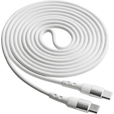 Ein langes, aufgerolltes USB-C-Kabel in Weiß. Beide Enden haben identische USB-C-Stecker, geeignet für Datenübertragung und Laden.