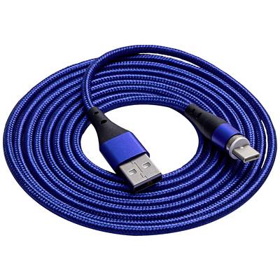 Blaues USB-Kabel mit USB-A- und USB-C-Stecker, gewunden und aufgerollt.
