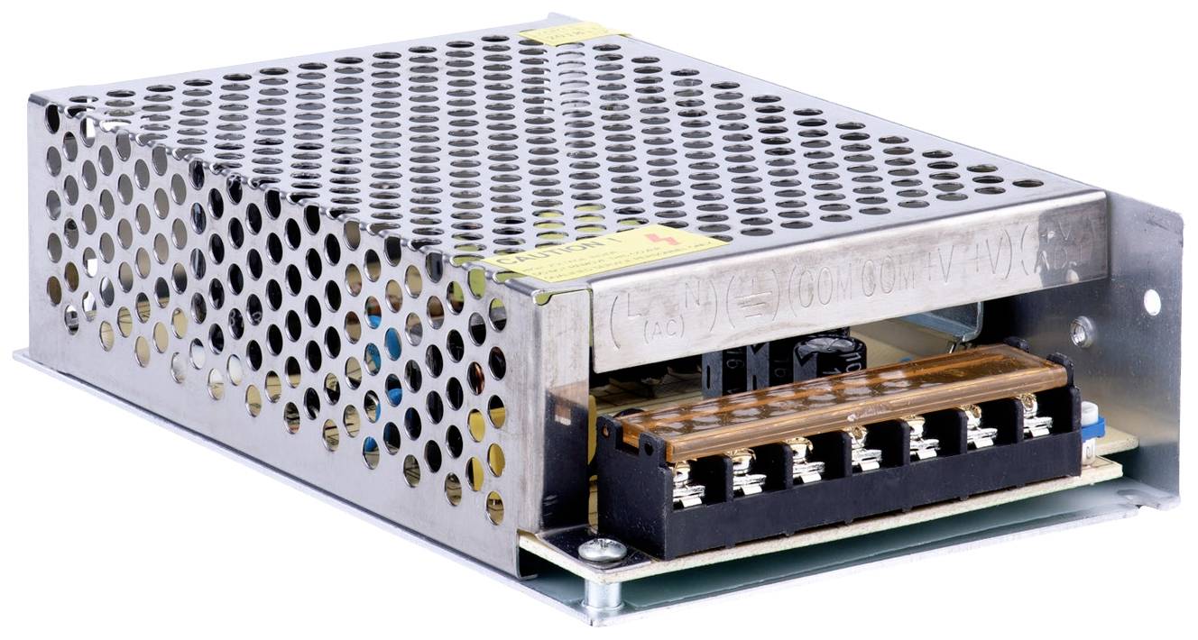 Metallisches Netzteilgehäuse mit Lüftungslöchern und Anschlussklemmen.