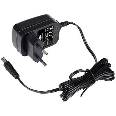 Schwarz-graues Netzteil mit EU-Stecker und langem Kabel. Geeignet zum Laden elektronischer Geräte. Aufdruck mit technischen Spezifikationen.