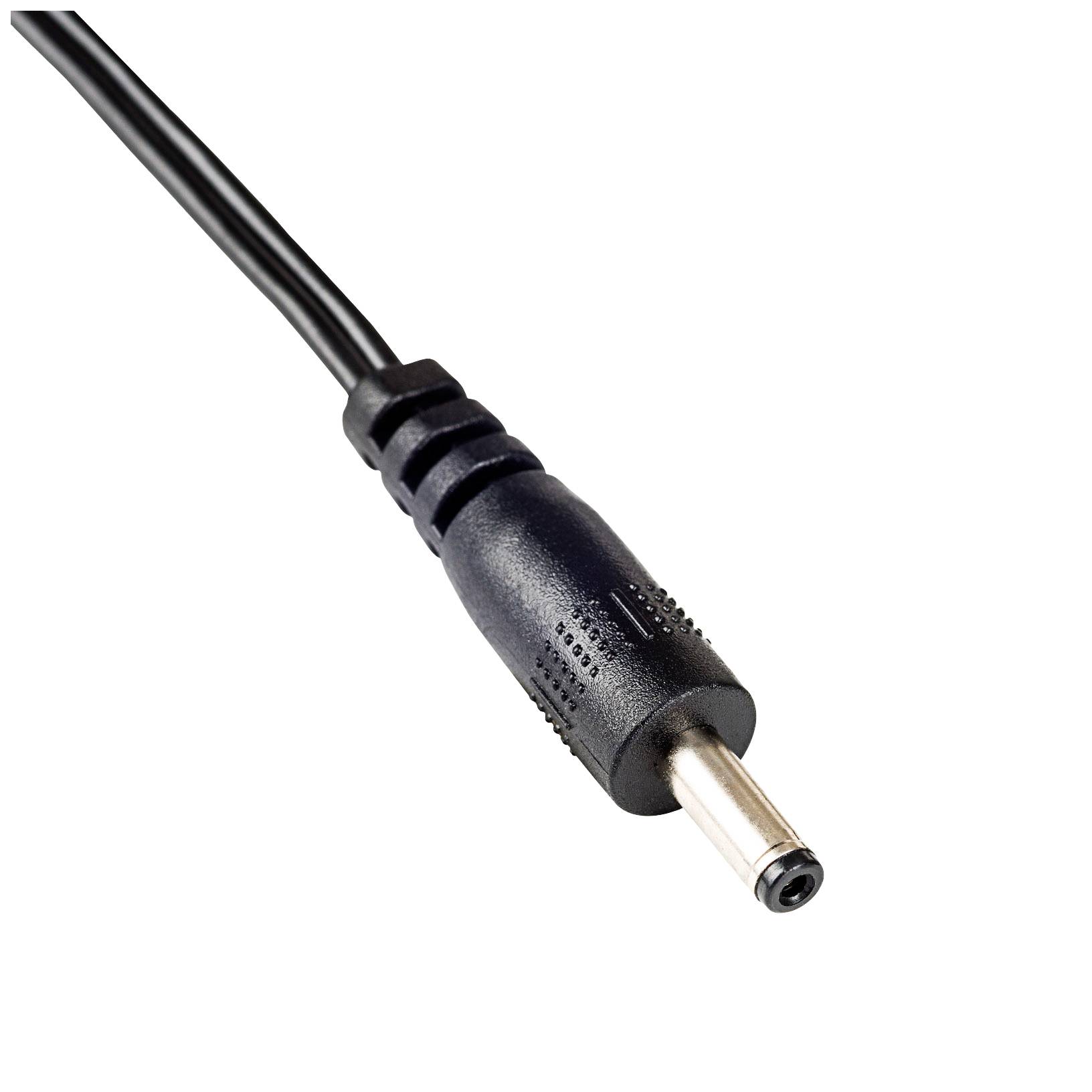 Schwarzer DC-Stecker mit Kabel, typischerweise für die Stromversorgung von elektronischen Geräten verwendet.