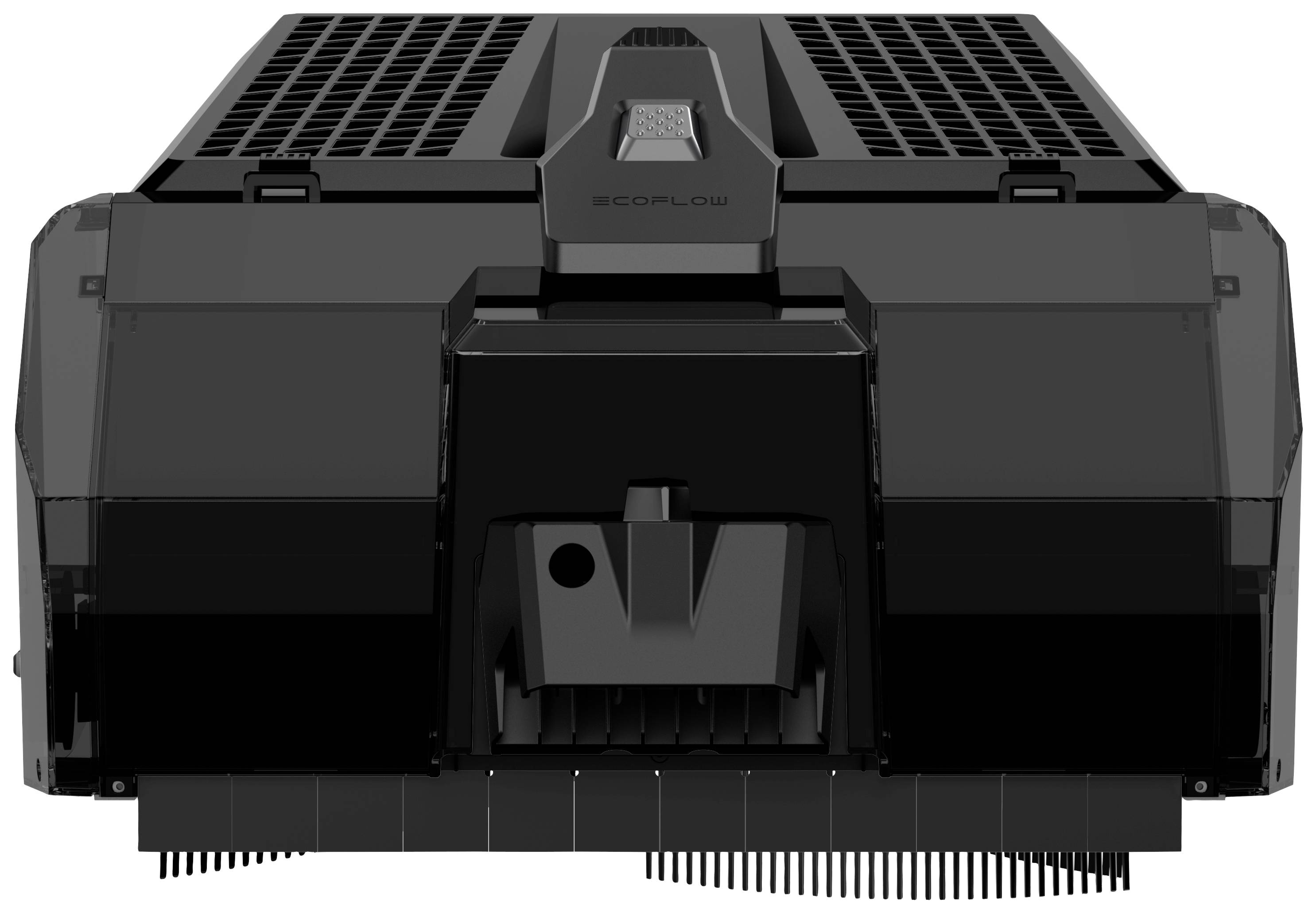 Eine schwarze elektronische Einheit mit Lüftungsschlitzen und Anschluss unten. Sieht aus wie ein Hochleistungsgerät.