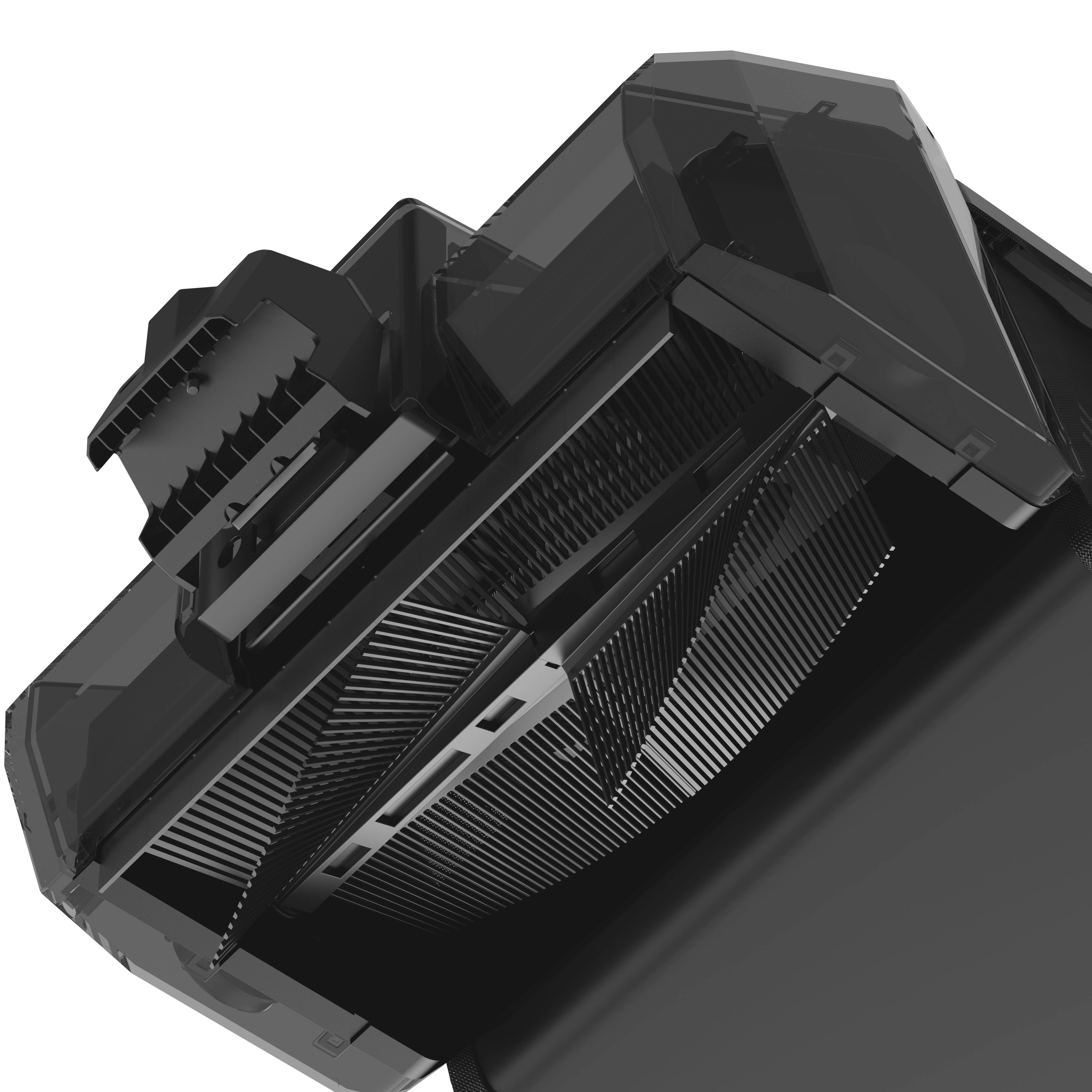 Ein 3D-Modell einer modernen, stilisierten Gaming-Grafikkarte in dunklen Farben, dargestellt in einer seitlichen Perspektive.