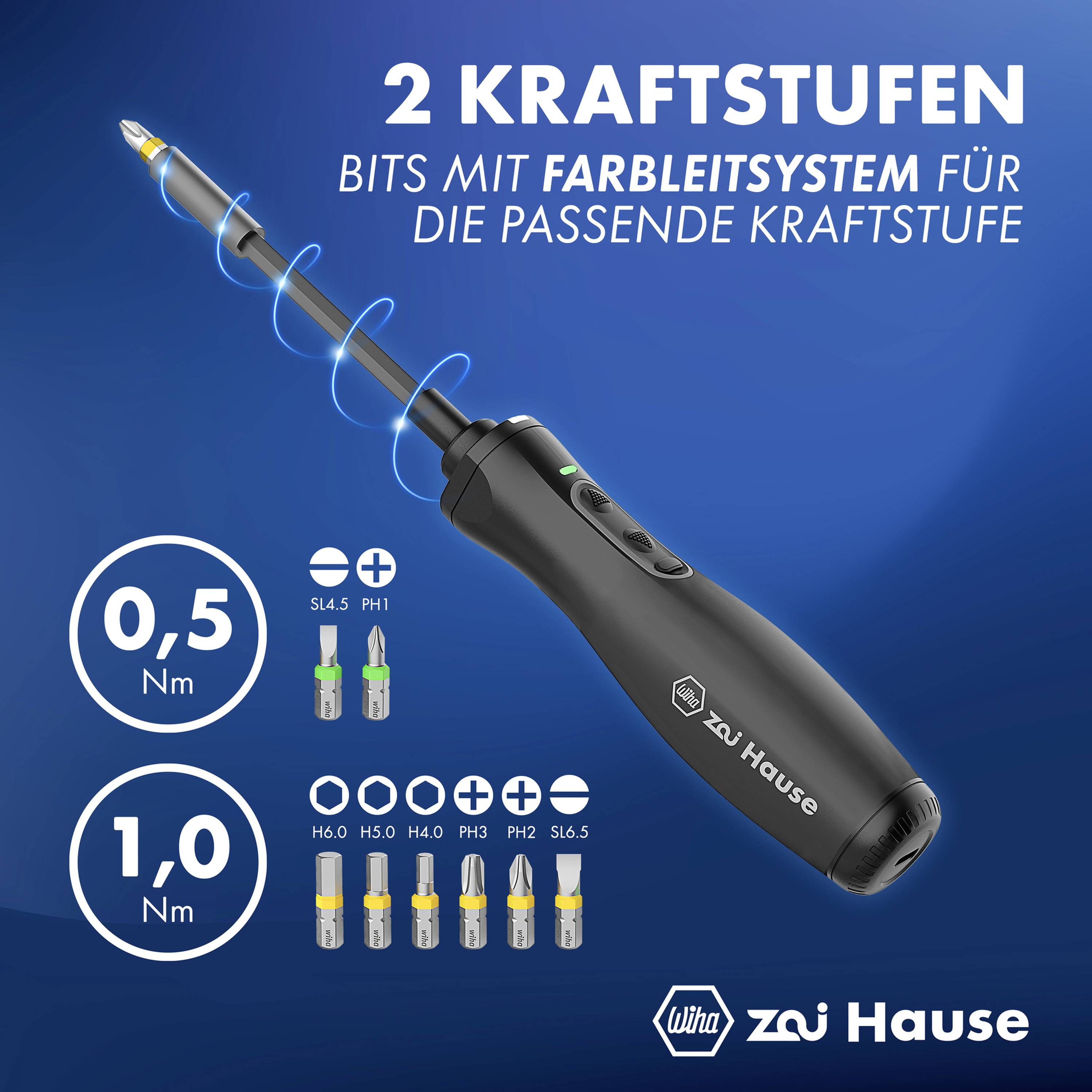 Elektrischer Schraubendreher mit zwei Kraftstufen. Farbige Bits zur einfachen Auswahl: 0,5 Nm (SL4.5, PH0), 1,0 Nm (H6.0, H5.0, PH1.5, T8/10).
