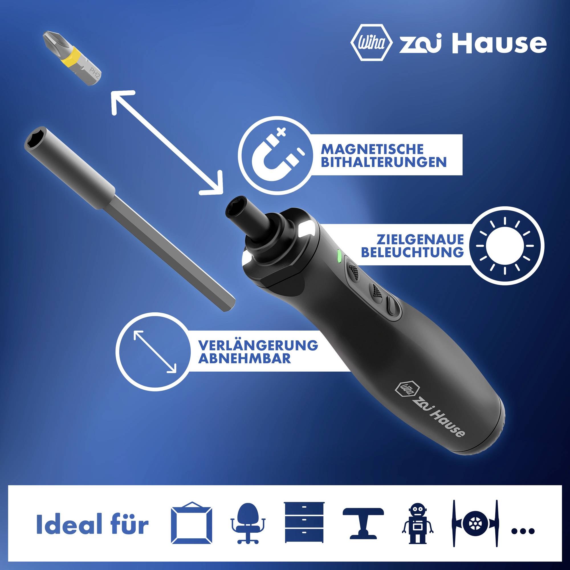 'Ein Set von Werkzeugen mit magnetischem Bithalter, bestehend aus einem Hauptwerkzeug und einer Verlängerung. Idealer Gebrauch: Möbel, Geräte, Schränke und Regale.'