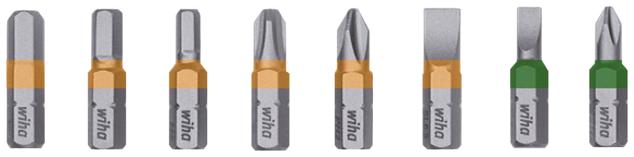 Acht verschiedene Schraubendreher-Bits in einer Reihe, teils mit orangener, teils mit grüner Markierung. Typen: Schlitz und Kreuzschlitz.