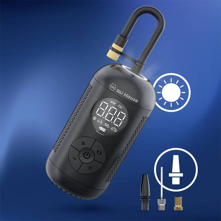 Ein tragbarer digitaler Luftkompressor mit LED-Anzeige und verschiedenen Ventilaufsätzen, geeignet für Reifen- oder Sportballaufpumpen.