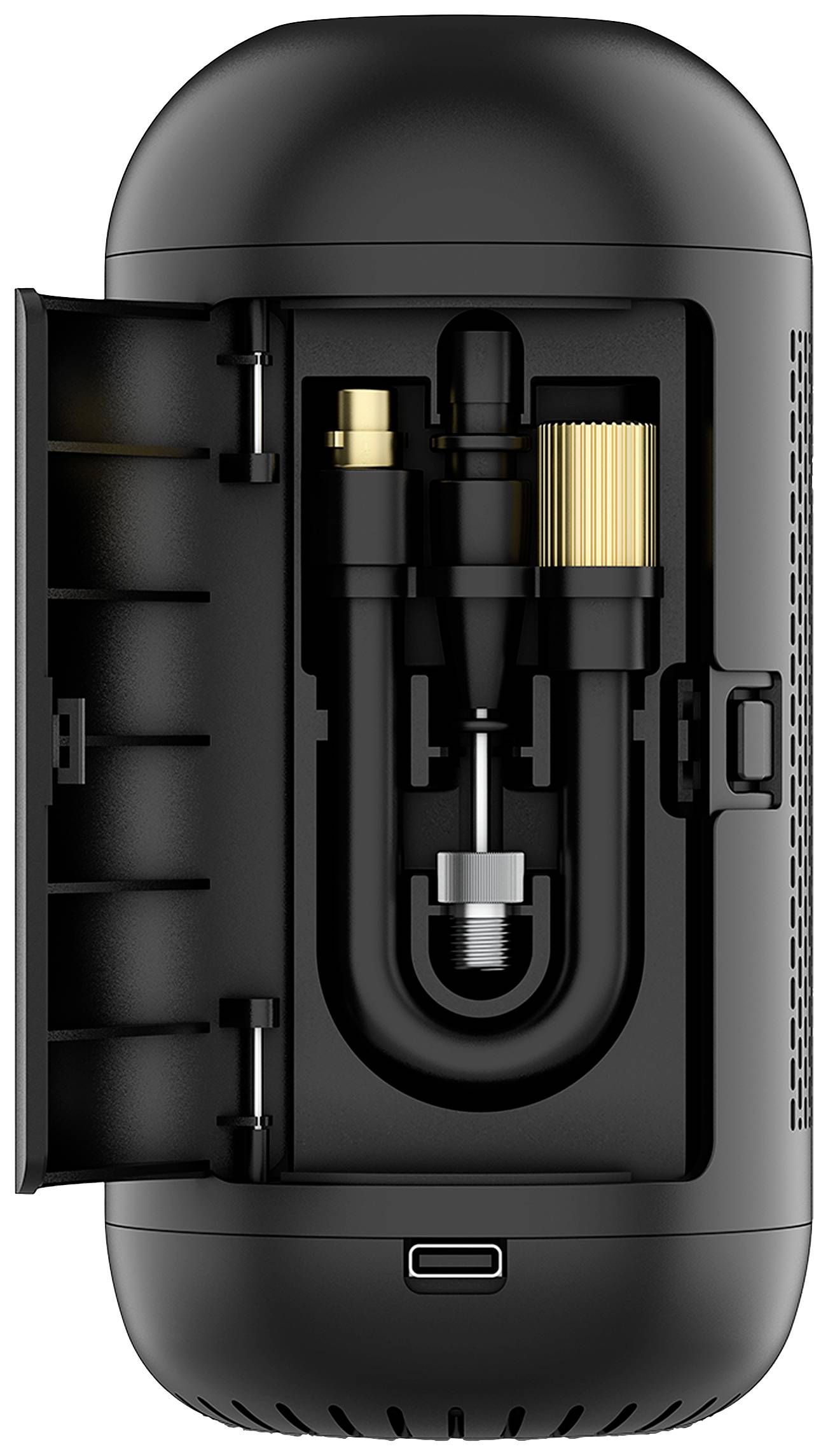 Schwarzes zylindrisches Gerät geöffnet, zeigt die interne Mechanik mit Rohren und einem goldfarbenen Filter.