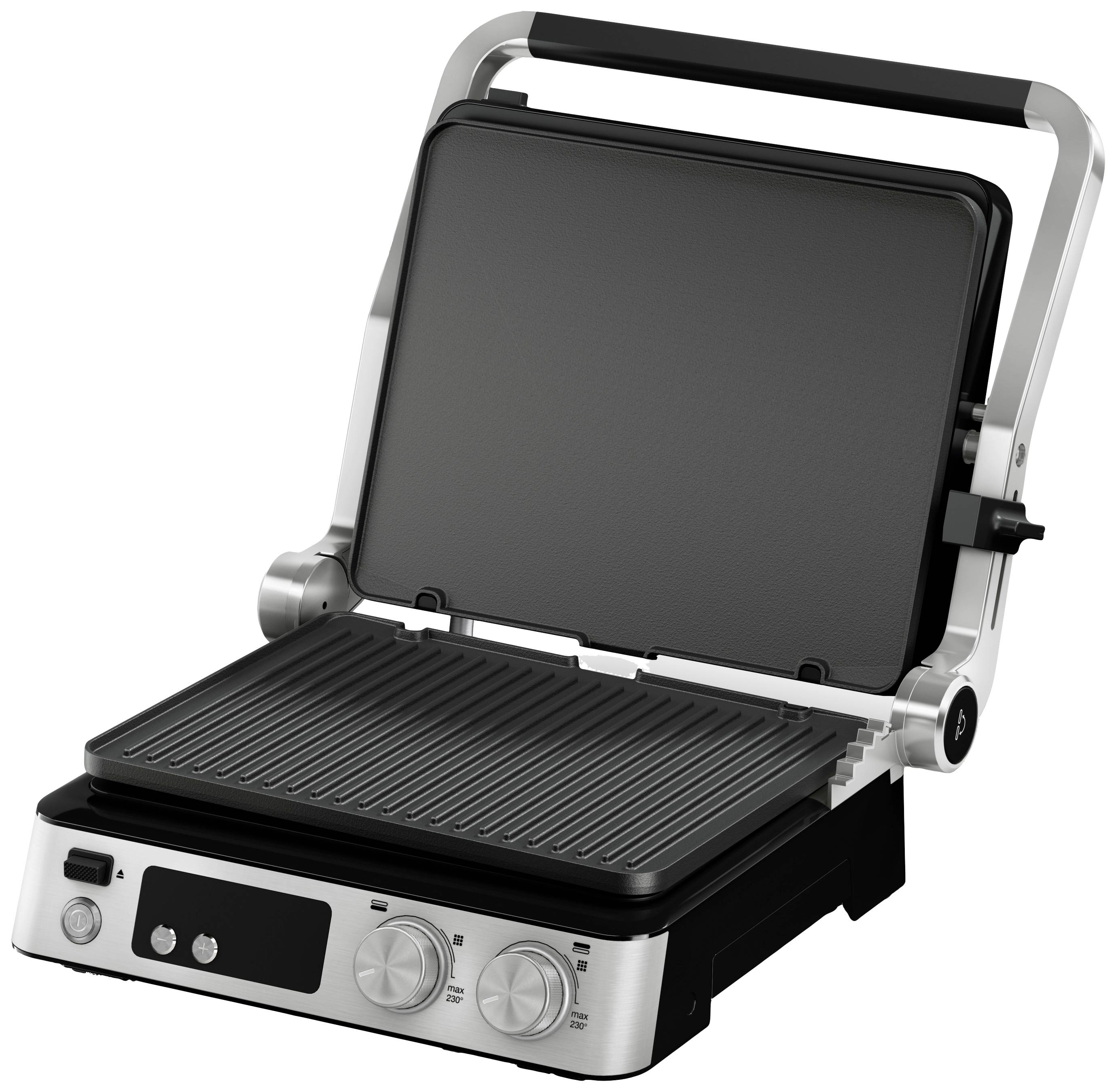 Ein offener Kontaktgrill mit gerillter Grillfläche und silbernen Bedienelementen. Ideal zum Grillen von Fleisch oder Sandwiches.