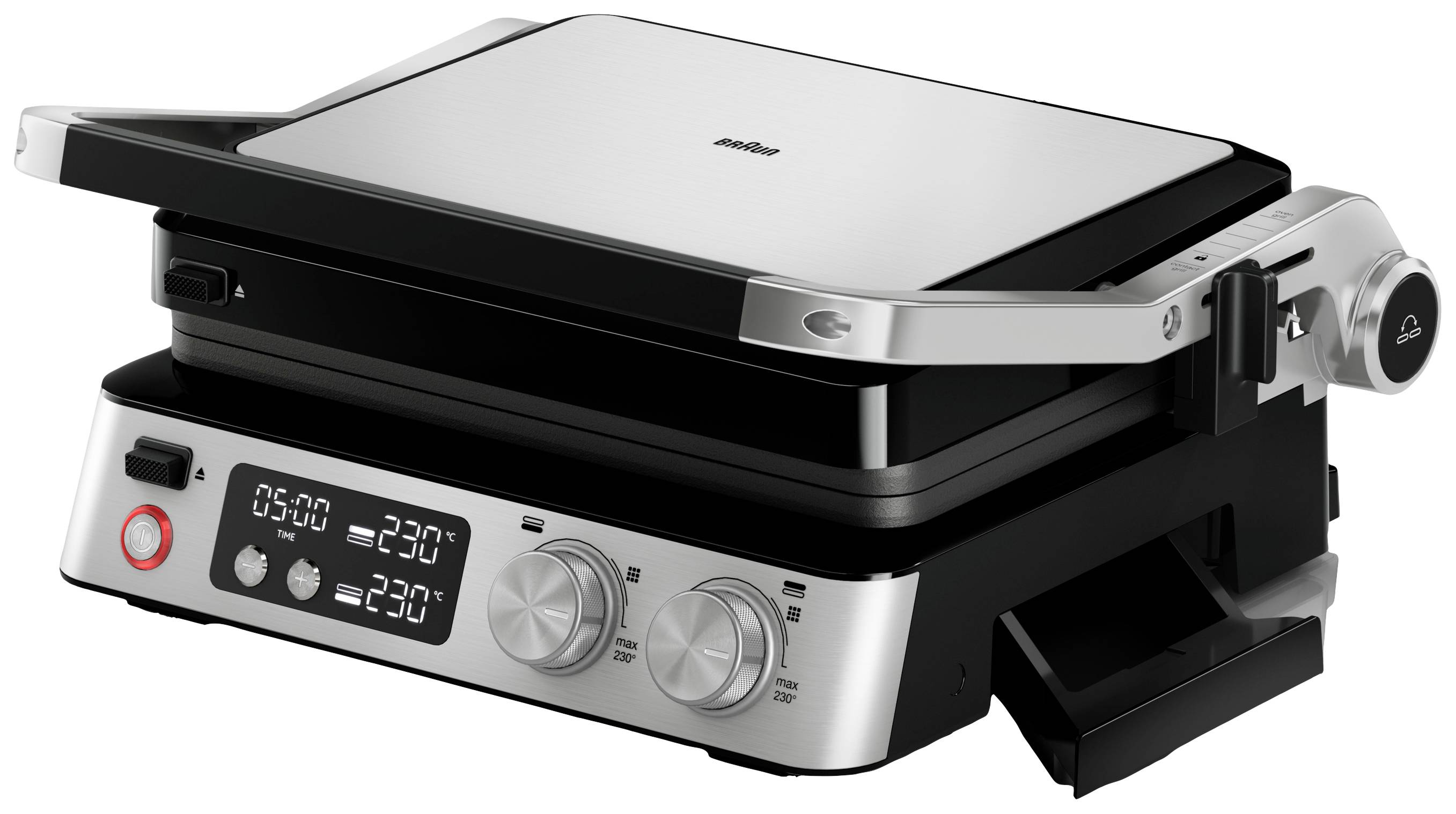 Elektrischer Kontaktgrill in Edelstahloptik mit digitalem Display und Drehknöpfen. Geeignet für Grillen im Innenbereich.