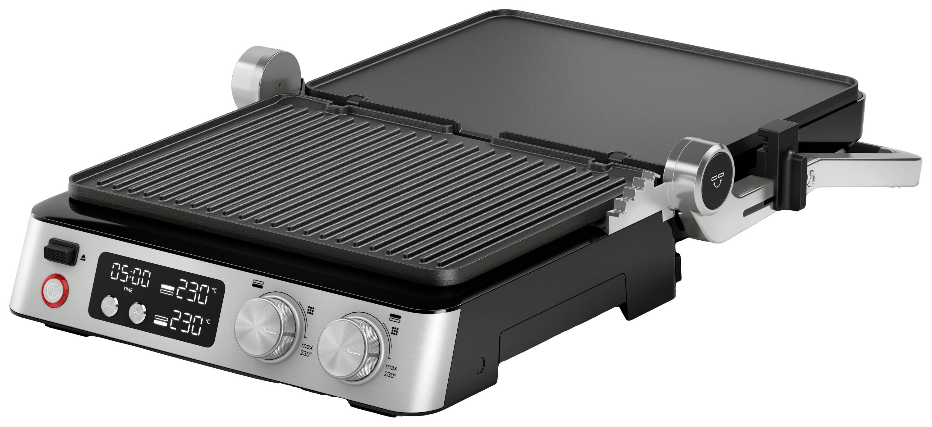 Ein elektrischer Kontaktgrill mit zwei Temperaturreglern und einem digitalen Display. Der Grill ist halb geöffnet und zeigt eine gerillte Fläche.