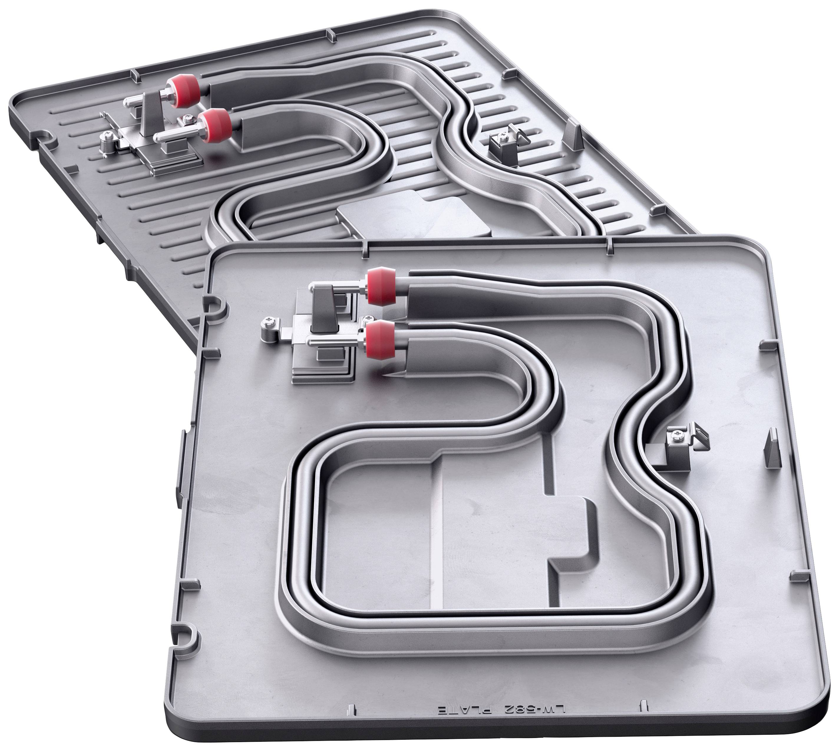 Zwei graue Platten mit eingebauten Kühlrohren, die Flüssigkeitsleitungen führen. Sie sind für die Kühlung von elektrischen Geräten vorgesehen.