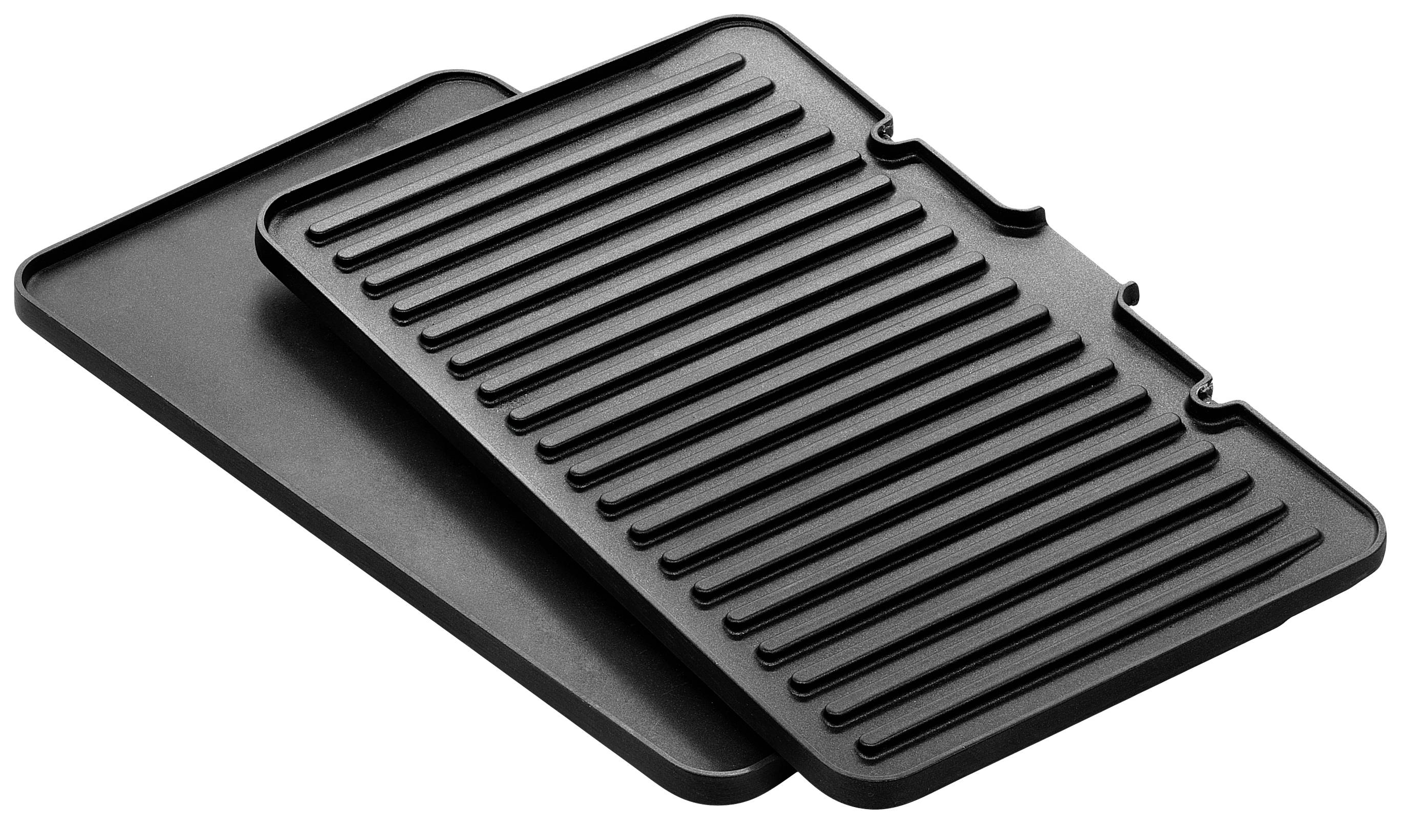 Zwei schwarze Grillplatten aus Gusseisen, eine mit Rillen und eine flach, aufeinander gestapelt. Ideal für Grillen und Braten.