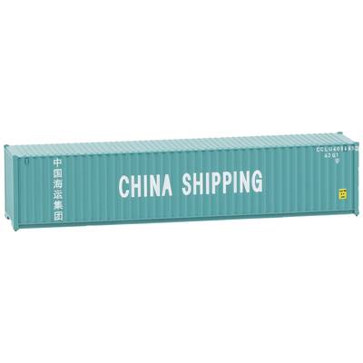 Ein blauer Frachcontainer mit der Aufschrift 'China Shipping' an der Seite, Symbol für internationalen Handel und Transport.