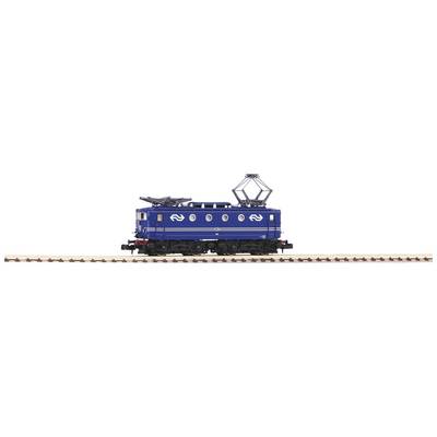 Ein blaues Modellzuglokomotive mit pantografischer Ausrüstung, gekennzeichnet durch ein weißes Logo, steht auf Gleisen.