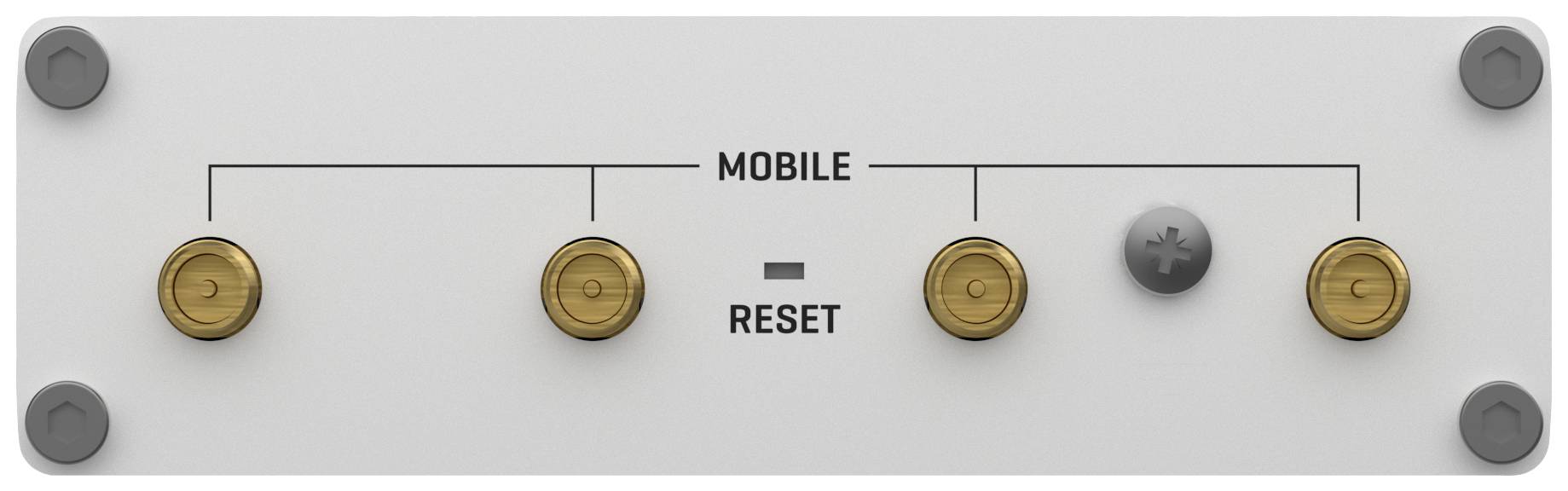 Eine weiße Bedienoberfläche mit der Aufschrift 'MOBILE' und 'RESET', zeigt vier vergoldete Schaltklemmen und einen grauen Druckknopf.