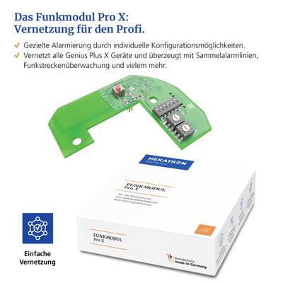 'Das Funkmodul Pro X für Vernetzung von Genius Plus X Geräten mit Alarmüberwachung.' Produkt- und Platineabbildung inklusive.