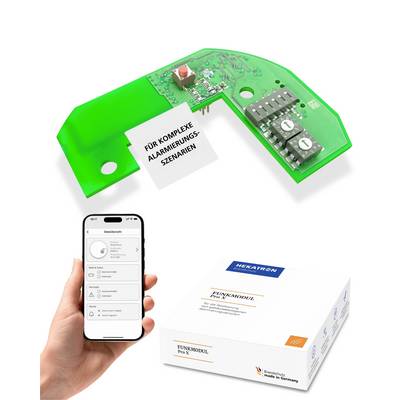 Ein grünes Leiterplatte mit der Beschriftung 'FÜR KOMPLEXE ALARMIERUNGS-SZENARIEN', ein Smartphone, das eine zugehörige App zeigt, und eine Funkmodul-Box.
