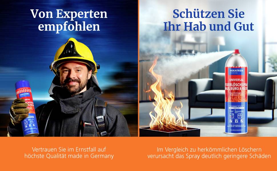 „Von Experten empfohlen": Ein Feuerwehrmann hält einen Feuerlöscher. „Schützen Sie Ihr Hab und Gut": Ein Feuerlöscher neben einem kleinen Feuer in Innenräumen. „Vertrauen Sie im Ernstfall auf höchste Qualität made in Germany."