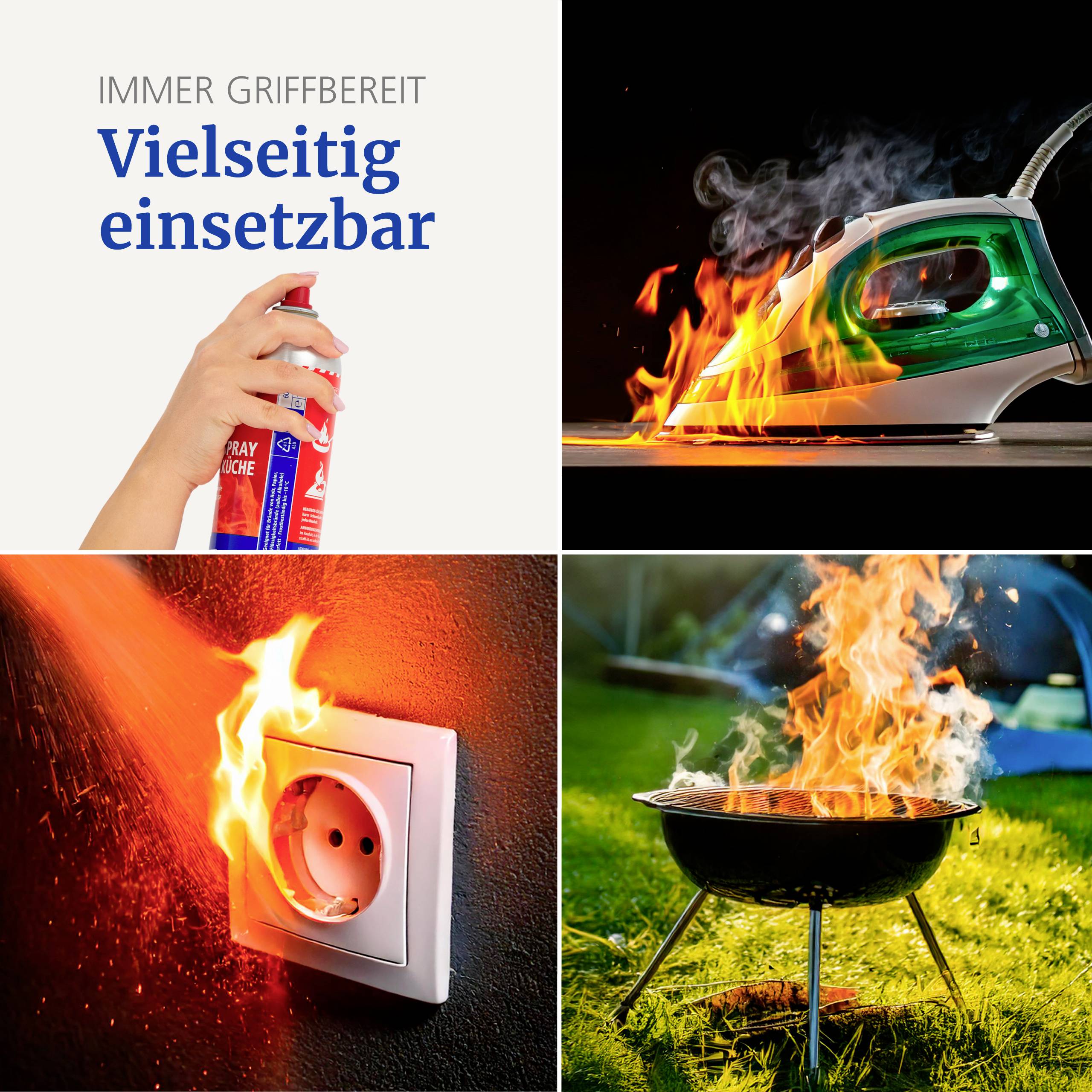 Eine Hand hält eine Feuerlöscher-Sprühdose. Bügelbrett mit qualmendem Bügeleisen. Steckdose, die Feuer fängt. Grillgrill mit Flammen auf Gras.