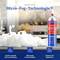 Sprühdose mit der Aufschrift "UNIVERSAL FEUERLÖSCHSPRAY", die Schaum ausstößt und auf Brandbekämpfung hinweist. Text hebt die "Micro-Fog-Technologie" hervor. Symbole zeigen schnelle, zuverlässige Löschung mit minimalen Schäden und Schutz von Eigentum.