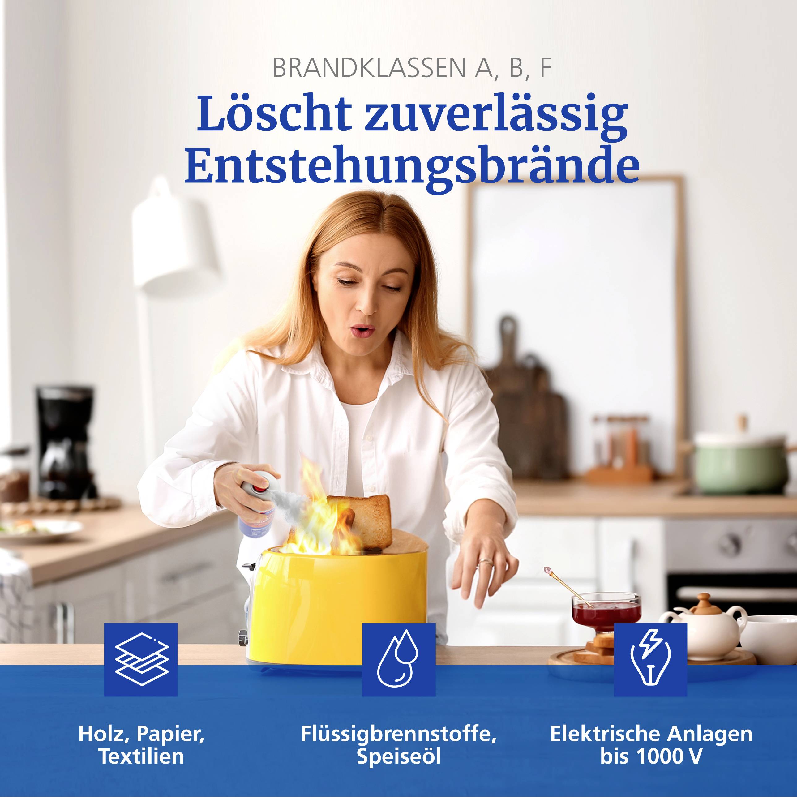 Person löscht einen kleinen Küchenbrand. Text lautet 'Löscht zuverlässig Entstehungsbrände'. Symbole beschreiben Brandklassen A, B, F.