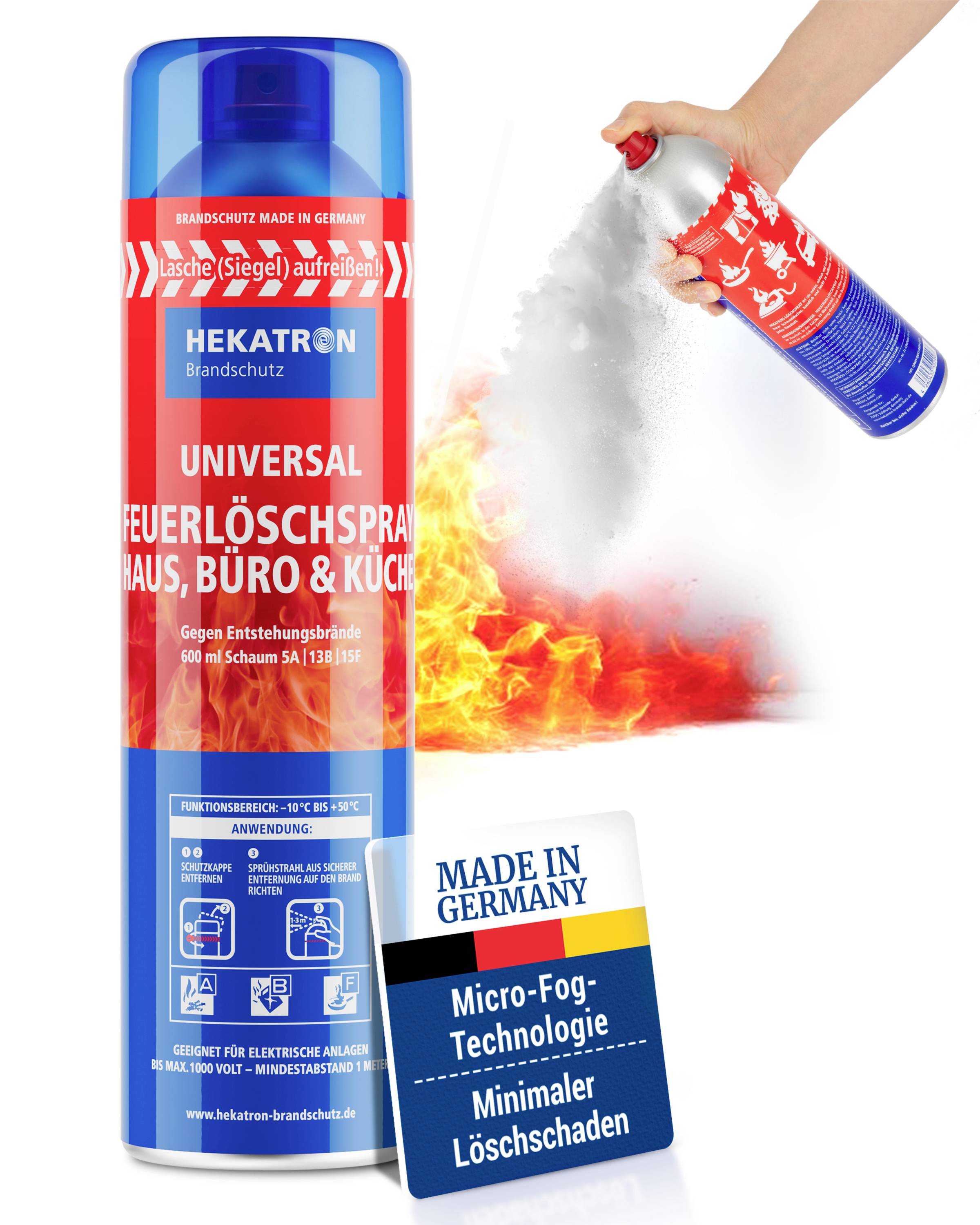Ein Feuerlöschspray, geeignet für Haus, Büro und Küche. Das Bild zeigt den Einsatz des Sprays auf Flammen. Zu den Merkmalen gehören ‚Made in Germany' und ‚Mikro-Nebel-Technologie'.