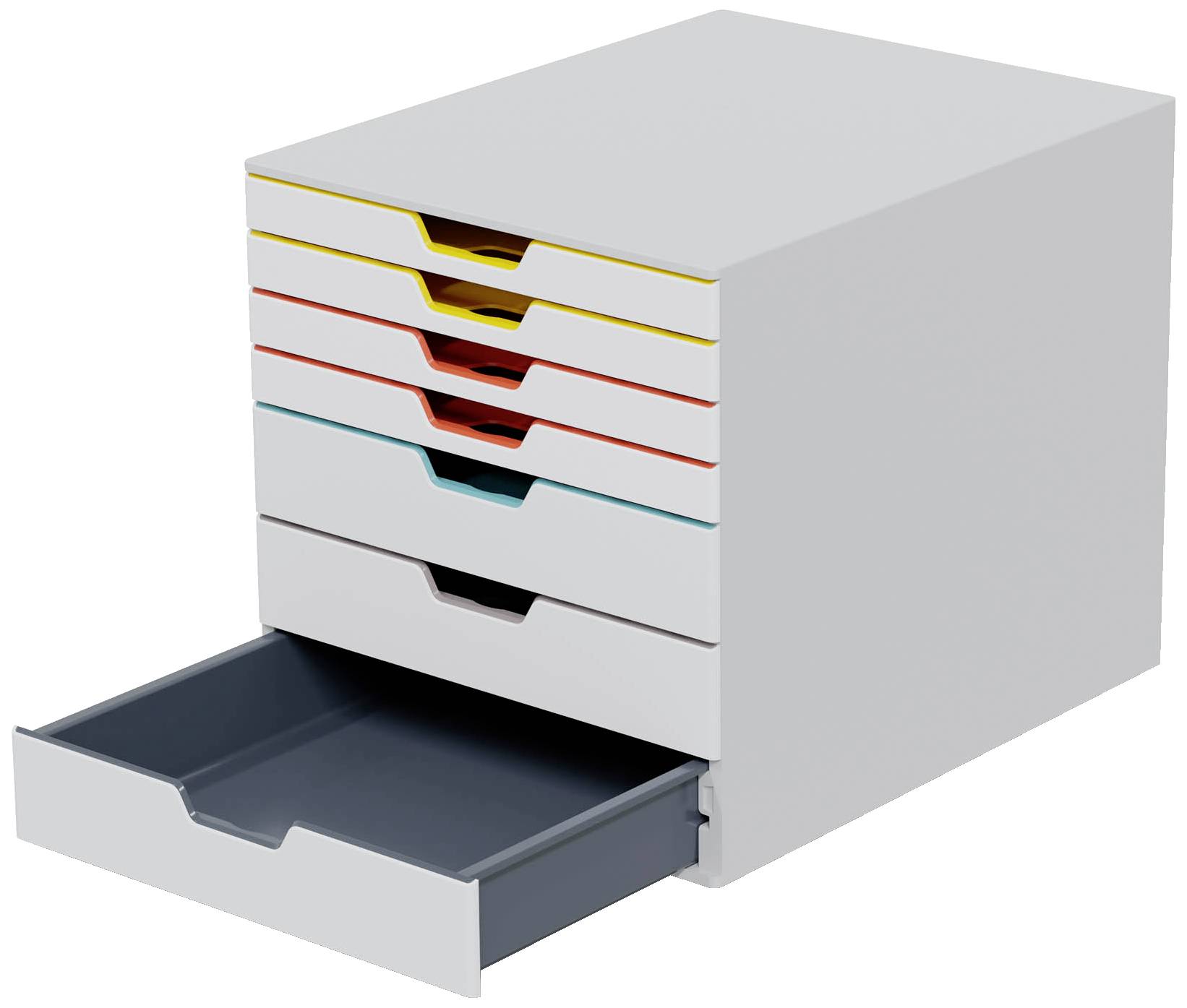 Ein graues Ablagefach mit sechs Schubladen, davon eine herausgezogen. Schubladenfronten in verschiedenen Farben.