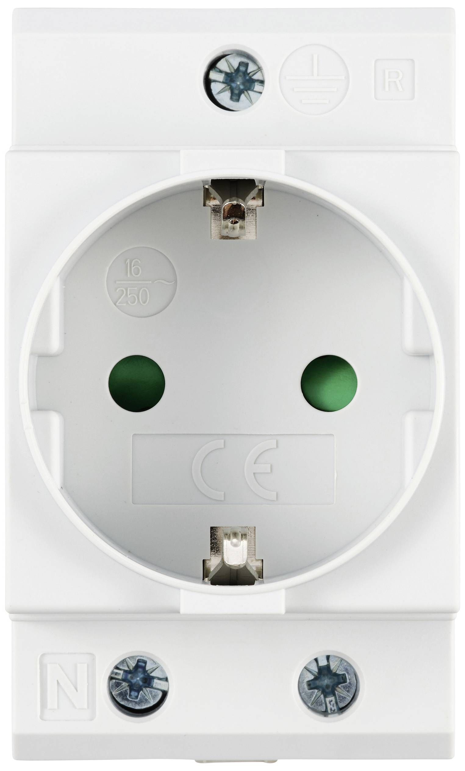 Weiße Schutzkontakt-Steckdose mit zwei grünen Stecklöchern und zentralem Erdungskontakt, geeignet für Anschluss an Europa-Stecker.